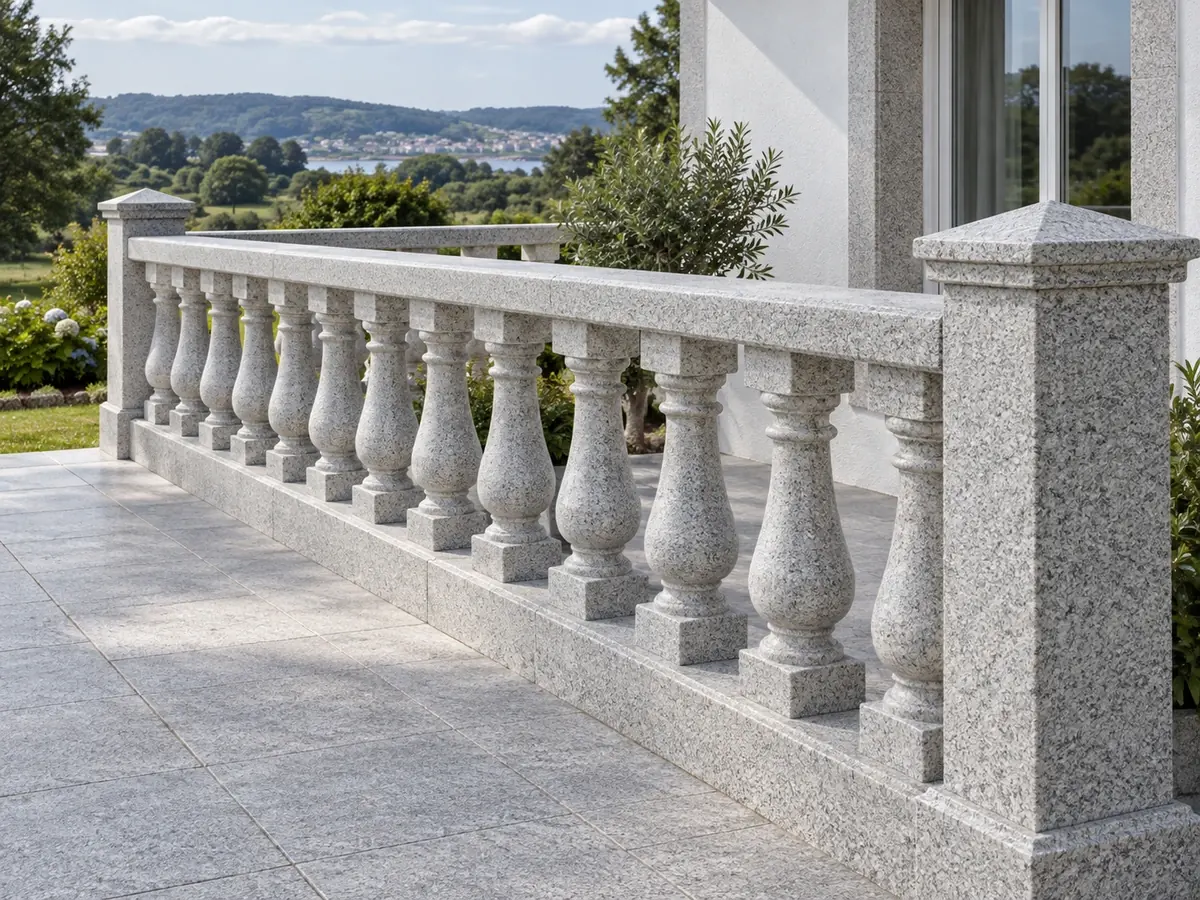 Balaustrada de granito en una terraza por Mármoles Feal