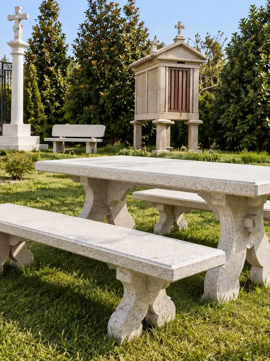 Mesa y bancos de granito a medida en el jardín de una casa