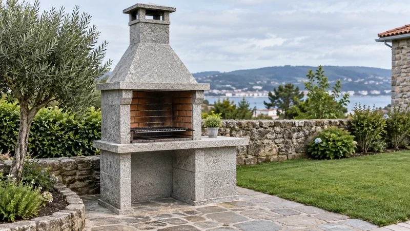 Barbacoa de granito a medida en un jardín