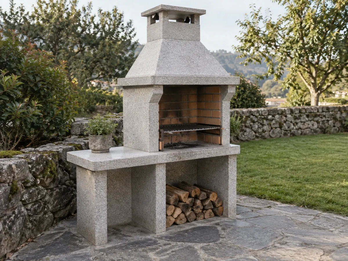 Barbacoa de granito a medida en un jardín por Mármoles Feal