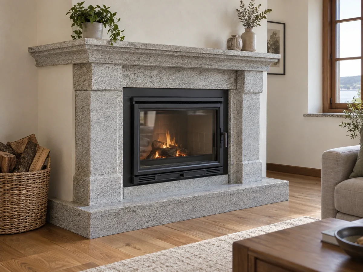 Chimenea con frontal de piedra para insertable por Mármoles Feal