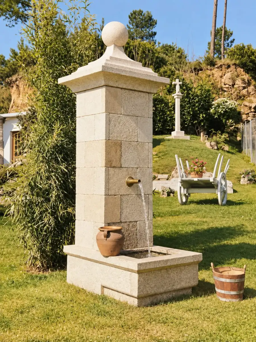 Fuente de granito con pilón y crucero al fondo en un jardín