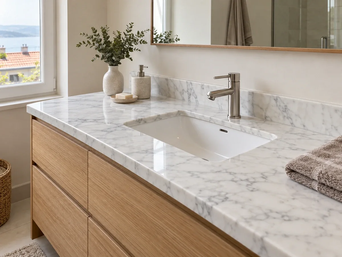 Encimera de baño de mármol con lavabo encastrado por Mármoles Feal