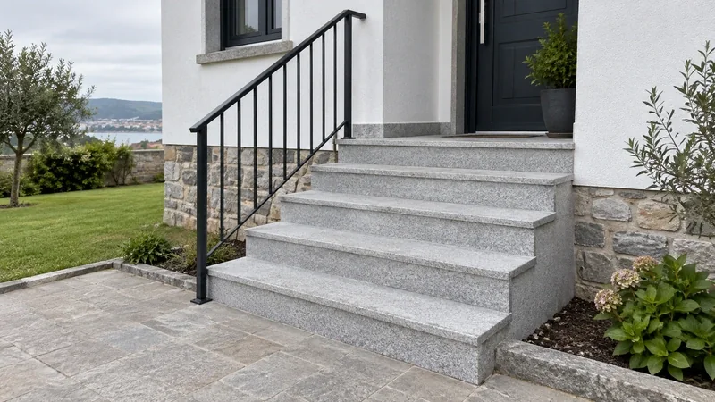 Escalinata de granito en la entrada porticada de una vivienda unifamiliar