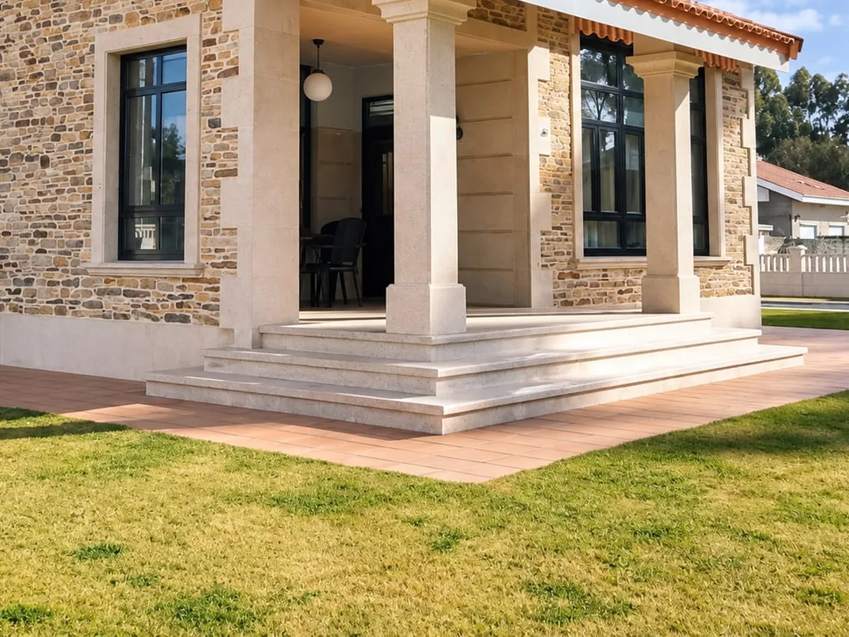 Escalinata de granito en la entrada porticada de una vivienda unifamiliar por Mármoles Feal