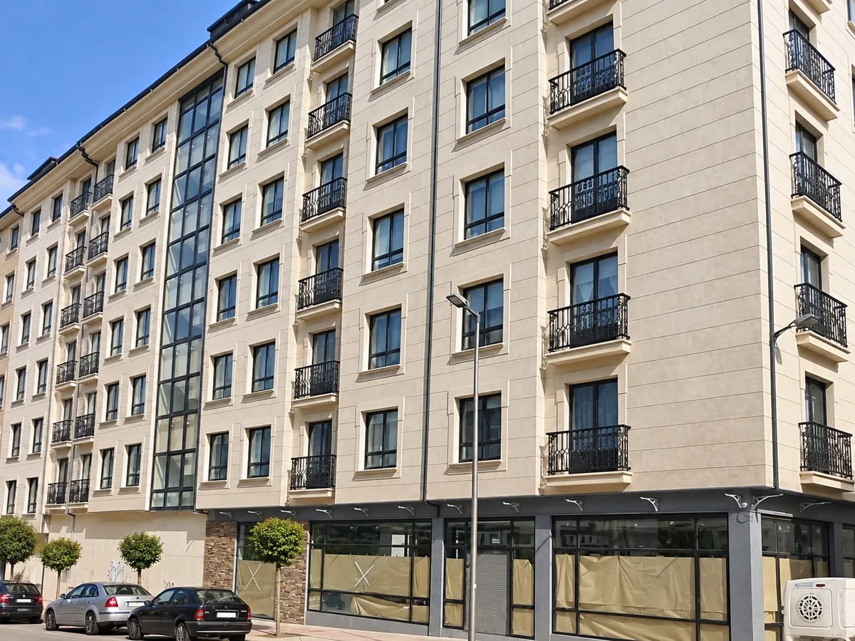 Fachada de edificio revestida en piedra con recercados y zócalo de mampostería por Mármoles Feal