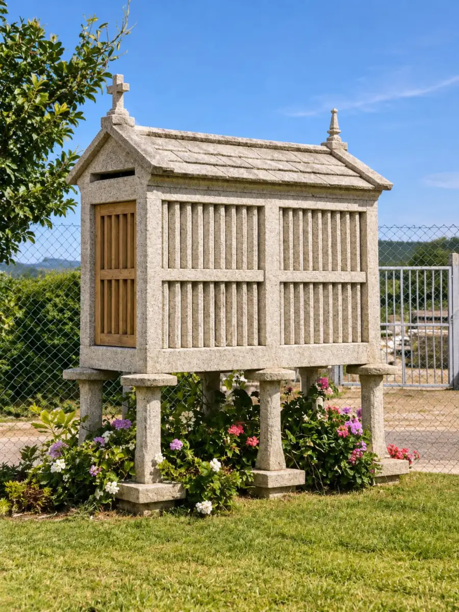 Hórreo de granito sobre pés en el jardín de una vivienda