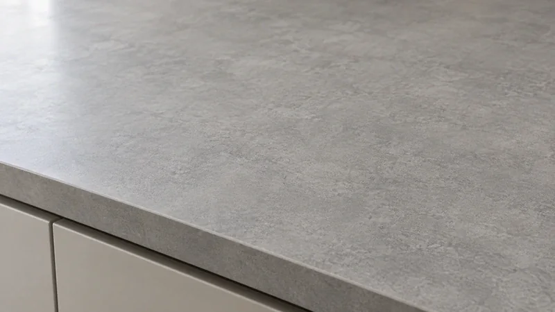 Detalle de encimera porcelánica de gran formato en gris cemento con acabado mate